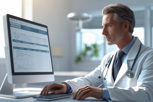 A doctor looking a t a computer screen